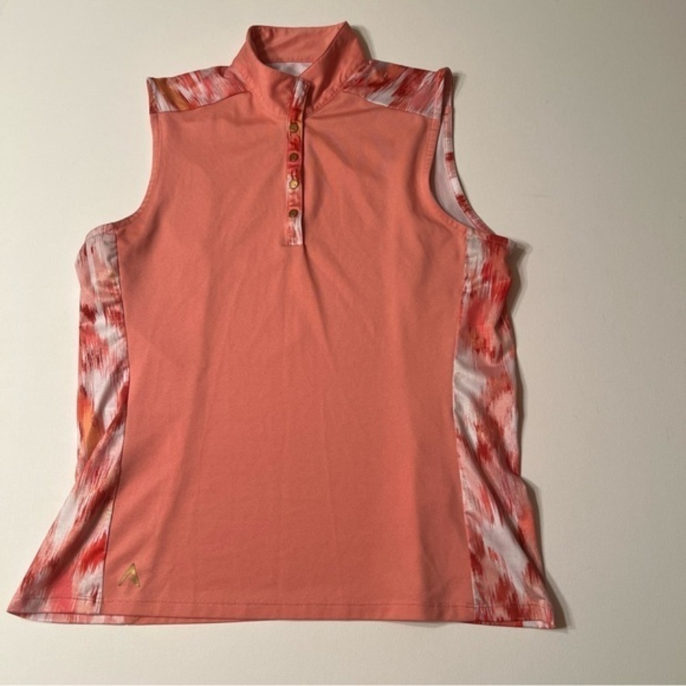 EUC Antigua Golf Shirt Womens Medium Coral Lost Tracks Sleeveless Top (Y)